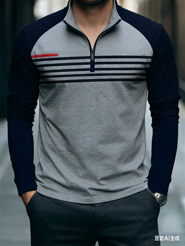 الأعمال عادية الرجال نصف البريدي الوقوف طوق قميص ثلاثية الأبعاد مخطط كتلة اللون ملابس منقوشة بكم طويل بلايز الشارع الاتجاه اليومي بلوزات #1