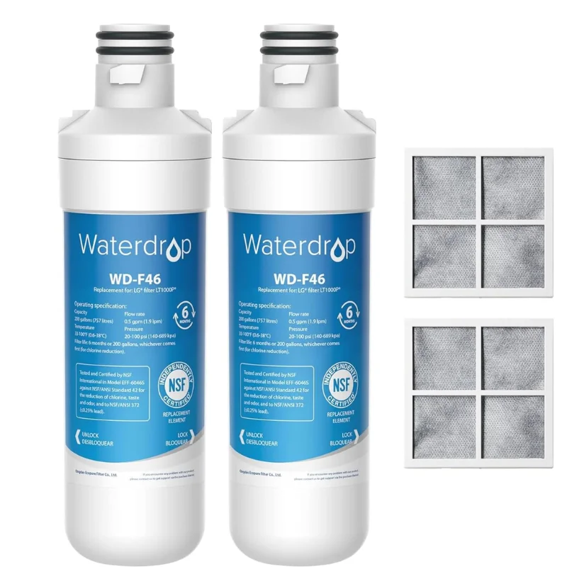 Waterdrop LT1000PC ADQ747935 Refrigerator Water Filter and Air Filter, Replacement for LG® LT1000P®, LMXS28626S, LFXS26973S