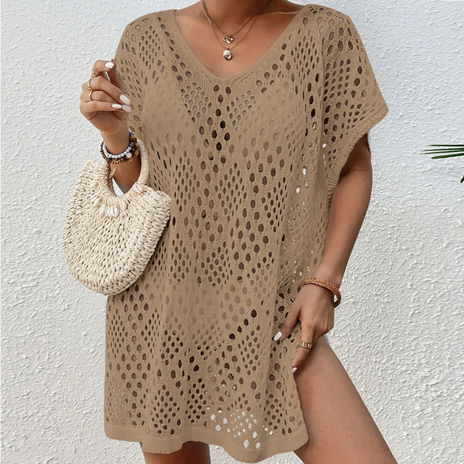 2024 Trend Women Beach Dress Swimsuit Cover Up Female Sexy Hollow Crochet V Neck Short Sleeve Bikinis Cover Up Women\'s Swimsuit