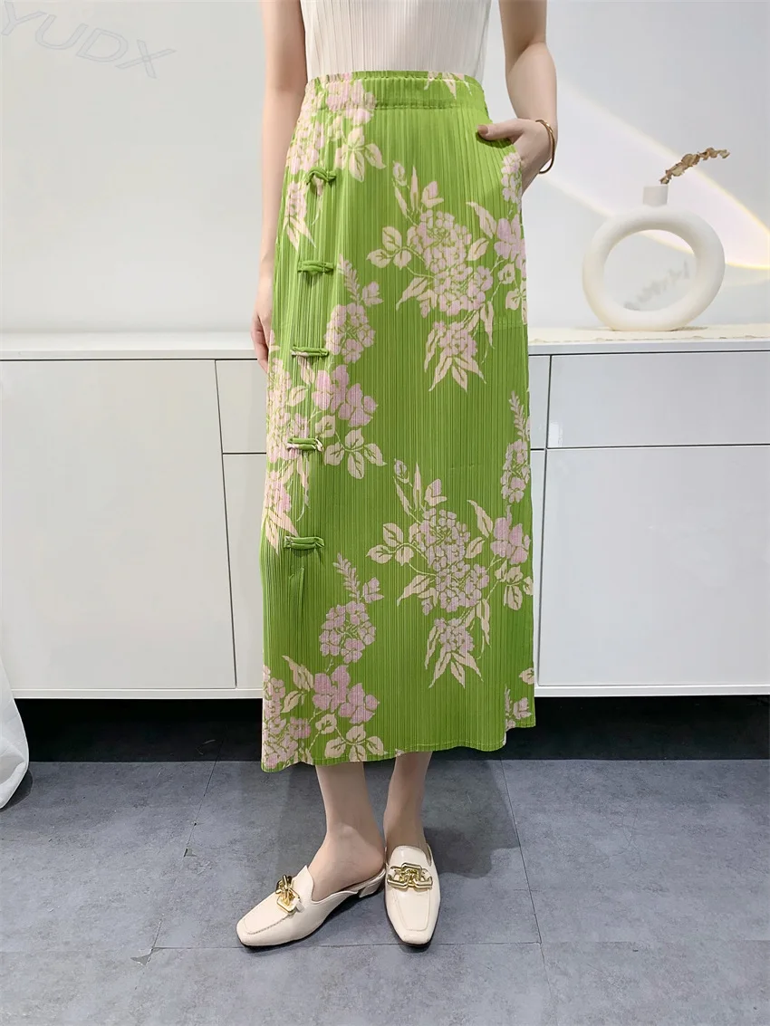 

Miyake Pleated Mid-Length Half Skirt Women's Summer Printed High Waist A-Line Skirt Side Split Plate Button Comfortable Casual