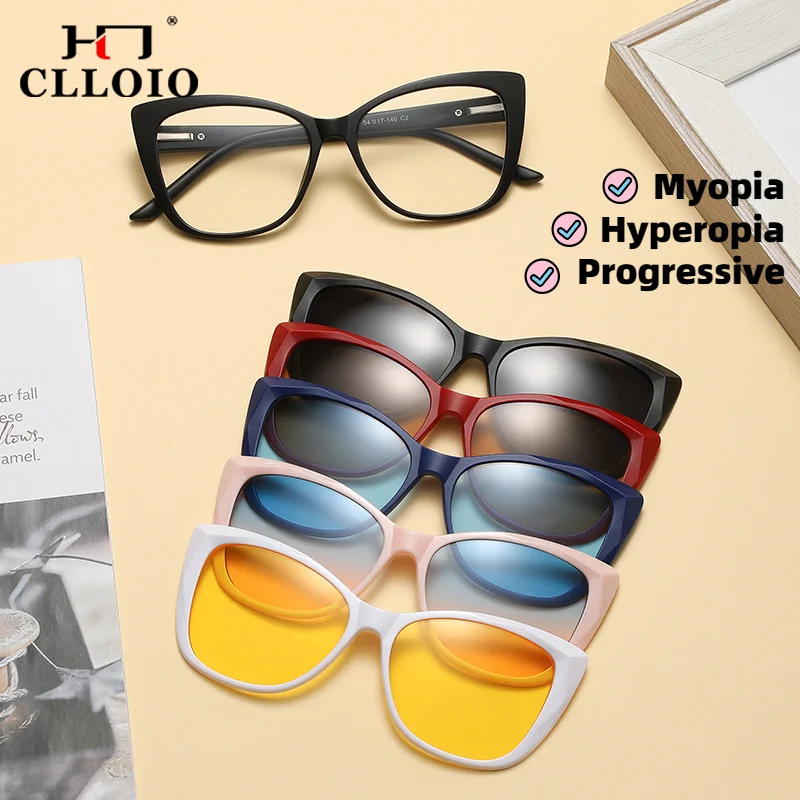 

CLLOIO Trendy 6 In 1 Cat Eye Driving Safety Lady Polarized Sunglasses Magnet Clip On Myopia Optical Prescription Reading Glasses