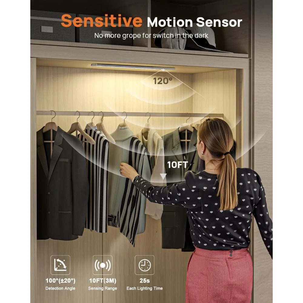 Luz LED inalámbrica para debajo del gabinete activada por movimiento de 16 pulgadas con batería recargable por USB y control remoto para uso en interiores