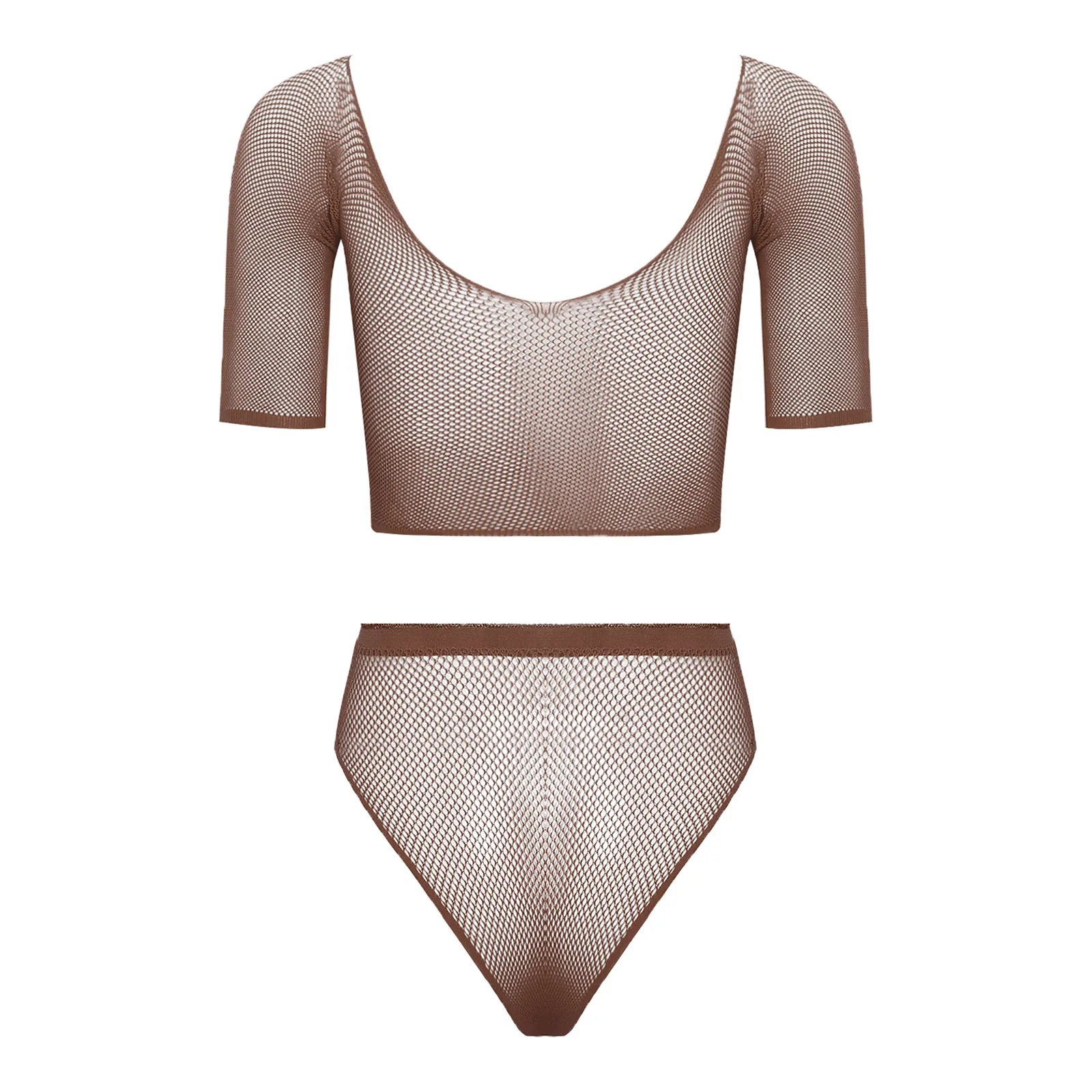 Women See Through Sheer Fishnet Lingerie Outfit Bikini Cover Up 2pcs Short Sleeve Crop Top And Briefs Set for Club Dating Night