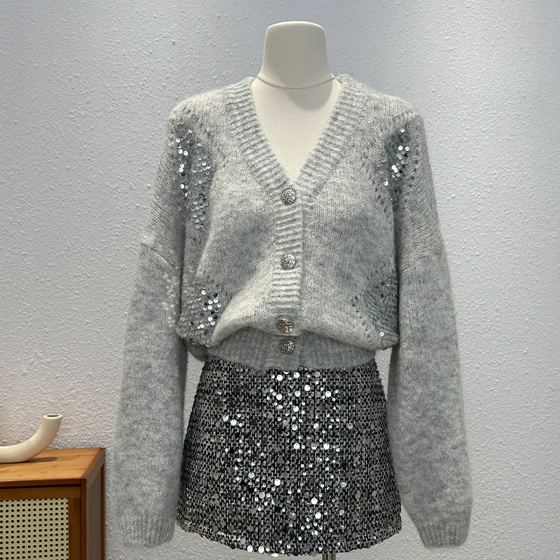 Cardigan lavorato a maglia con paillettes lucide per donna Moda autunnale con scollo a V tinta unita morbido maglione caldo cappotto maglioni stile francese