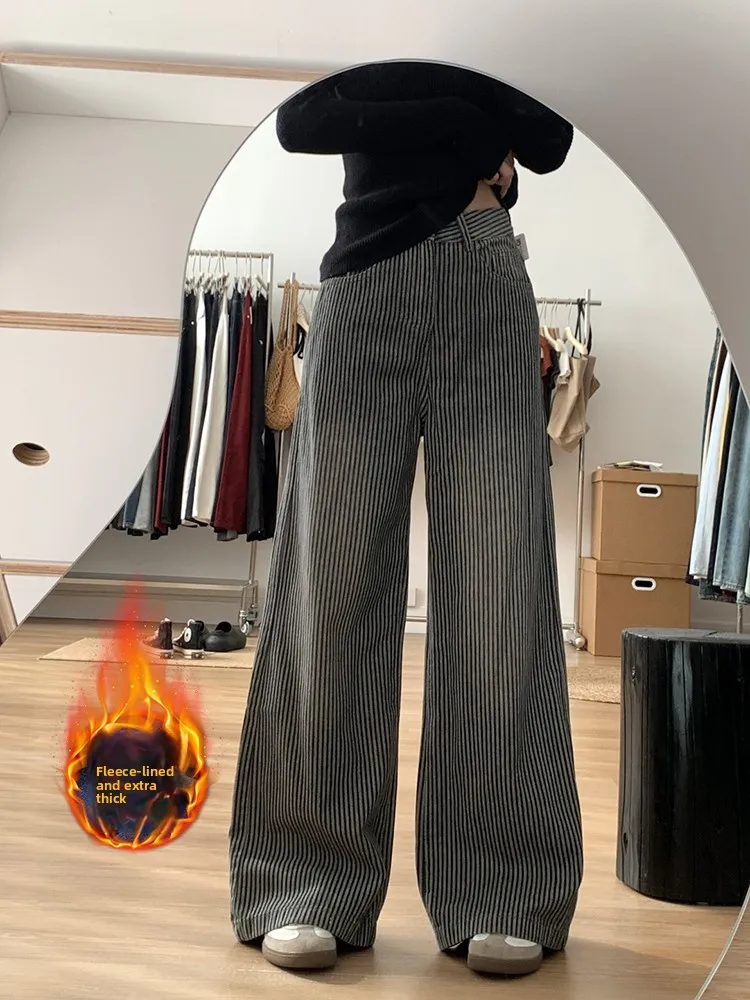 

Женские прямые джинсы с высокой талией на подкладке Thiened Fce, осенне-зимние новые теплые широкие брюки глубокого цвета