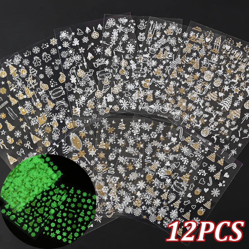 

12Pcs Luminous Christmas Nail Decals 3D Glitter Snowman Elk Snowflake Bow Nail Art Sticker Winter Festival Adhesive Nails Slider