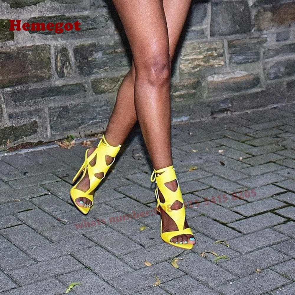 Yellow Hollow Out Slingback Sandals Pointy Toe Side Air Stiletto Heels Women's Sandals Summer Lace Up Luxury Shoes Party Sexy