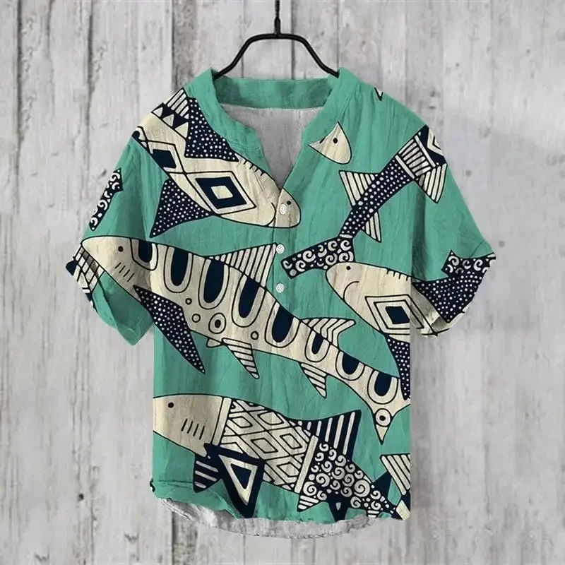 Digital printed men's short sleeved shirt, linen breathable top, marine creature pattern, light luxury style, 3 buttons