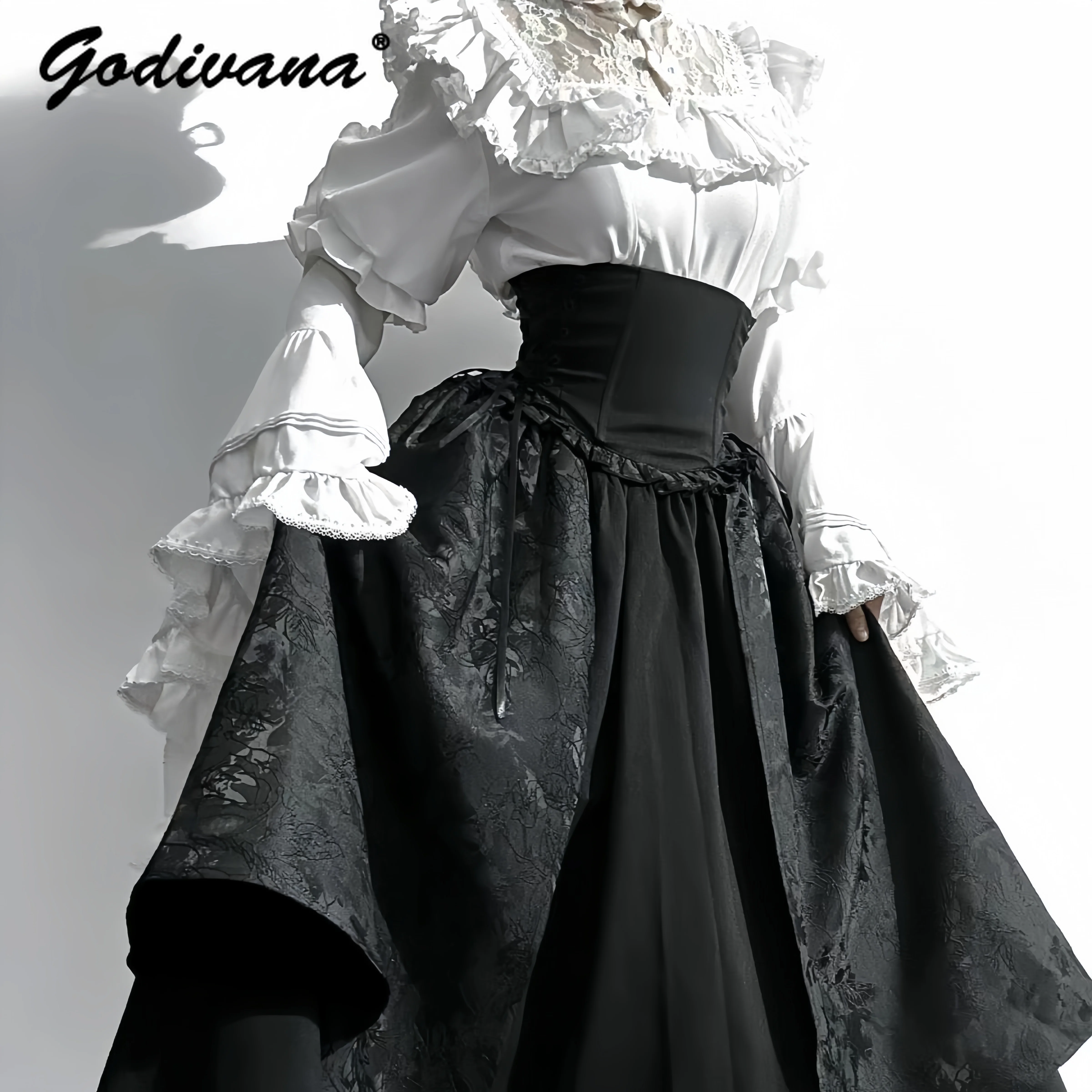 Lolita Gothic Court Style Long Sleeve Retro Shirt Gorgeous Elegant Sk Skirt New Spring and Autumn Women\'s Long Skirt Set Outfits