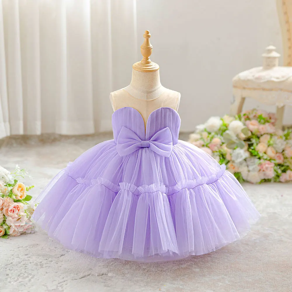 2026 New Purple Girl Princess Dress Sleeveless Lace Bow Baby Girl Dresses Fashion Summer Kids Girls Party Dress 1-3 Years