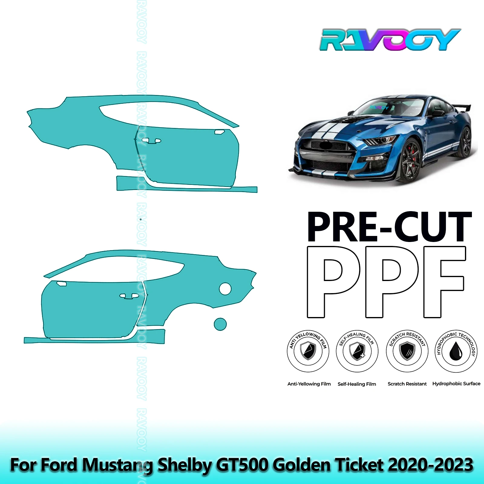 

For Ford Mustang Shelby GT500 Golden Ticket 2020-2023 8.5mil Pre-Cut PPF Door & A/B Pillar Kit TPU Paint Protection Film Set