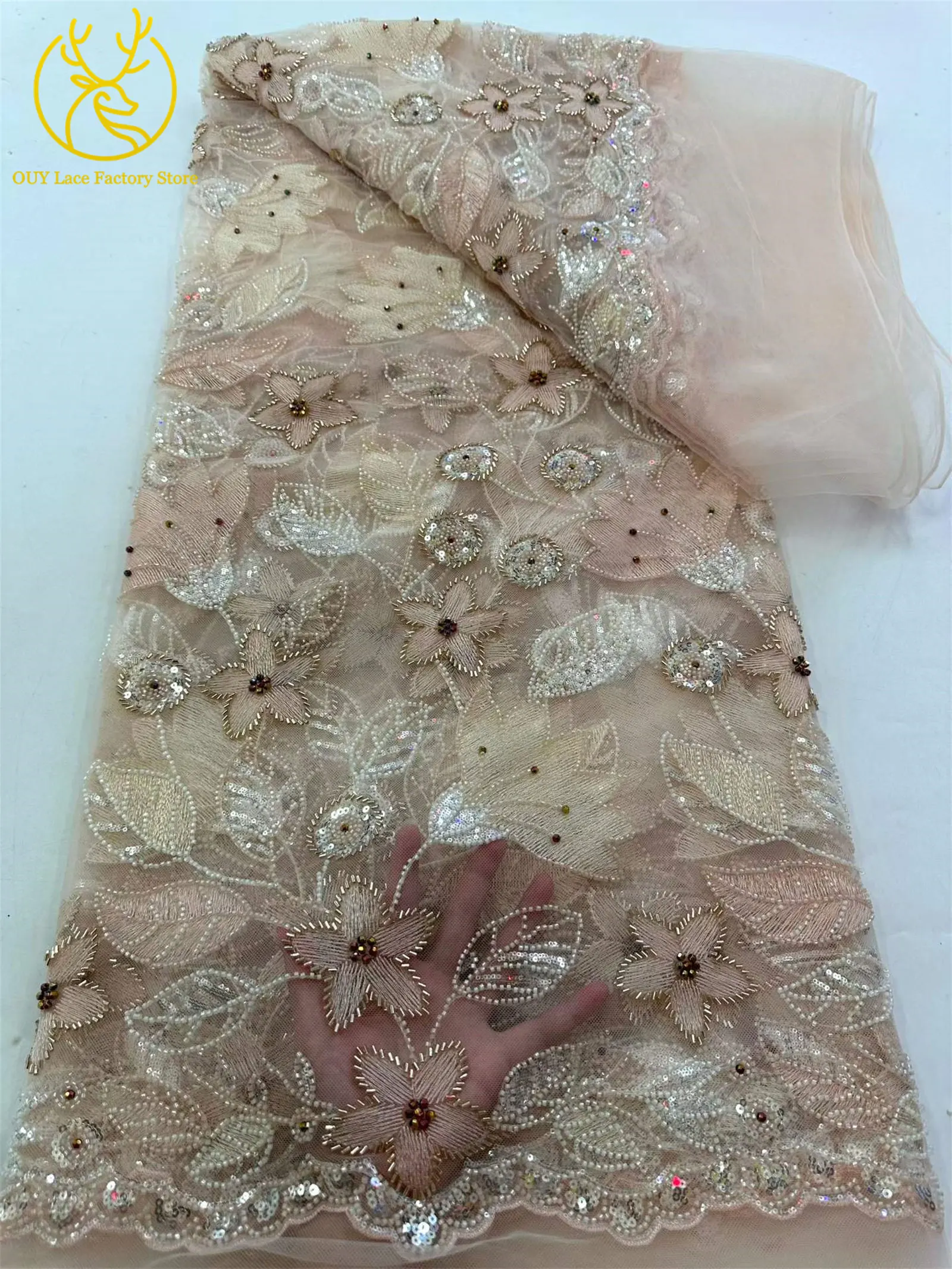Neuer Stil: Brautkleid-Spitzenstoff mit Perlenstickerei 2026, Silberner Tüll mit Pailletten, Afrikanischer Netzstoff für Hochzeits- und Abendkleider zum Nähen – Detail 16