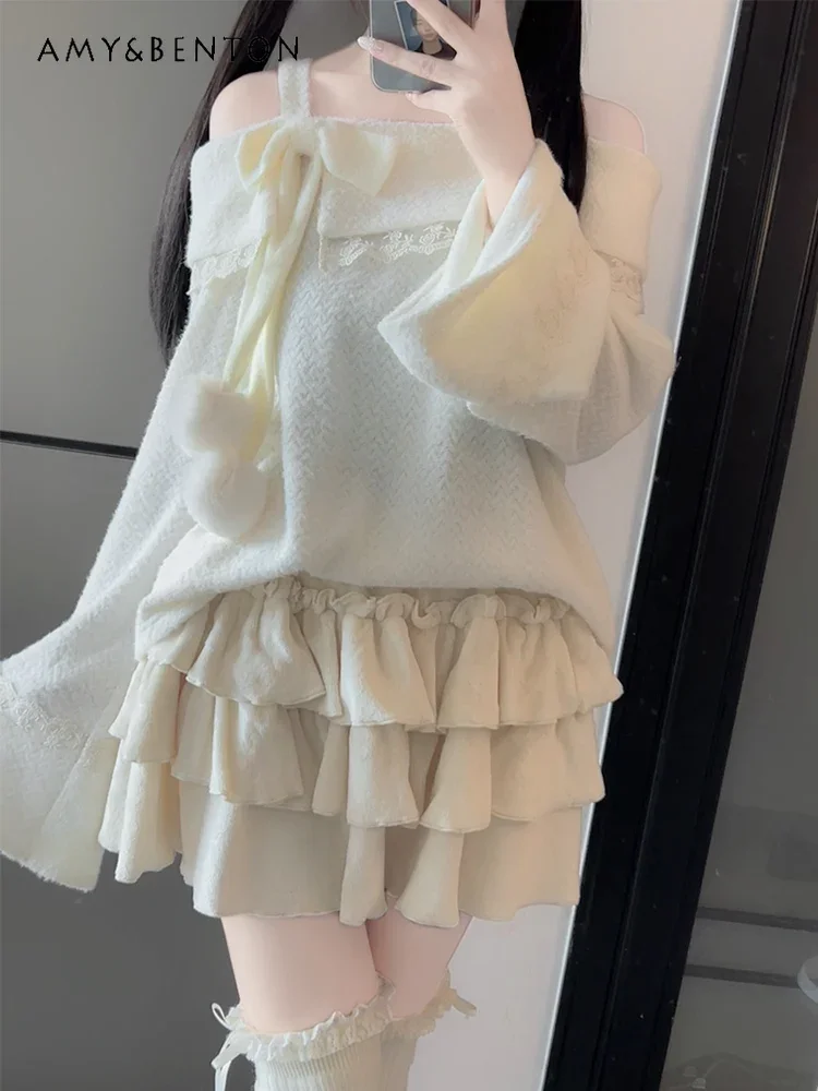 Original Off Shoulder Plush Knitted Sweater Bow Top Tutu Cake Skirt Two-piece Set Autumn Winter New Sweet Girl Y2K Skirt Sets