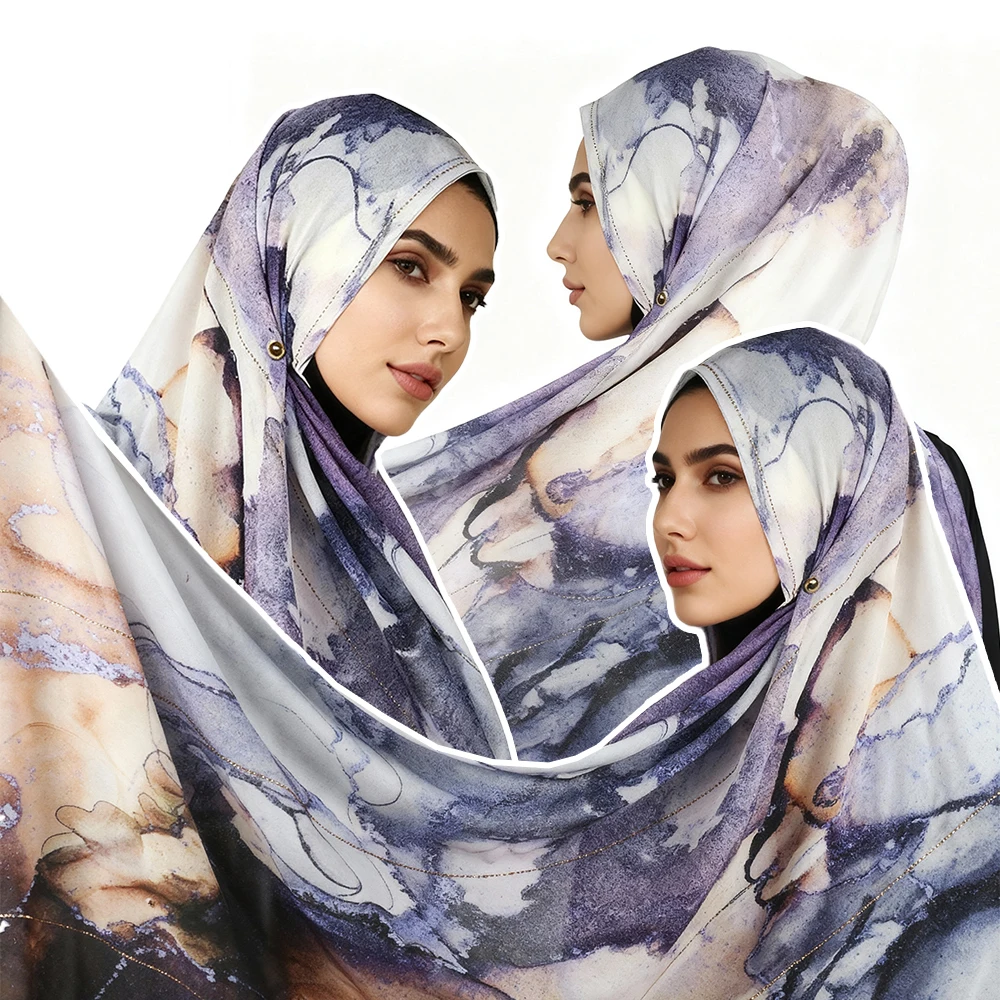 حجاب ذو تأثير رخامي أنيق - زخرفة حجر الراين المتلألئة على شيفون زبداني ناعم، تصميم ألوان مائية باللون الأزرق والأرجواني والبني #5