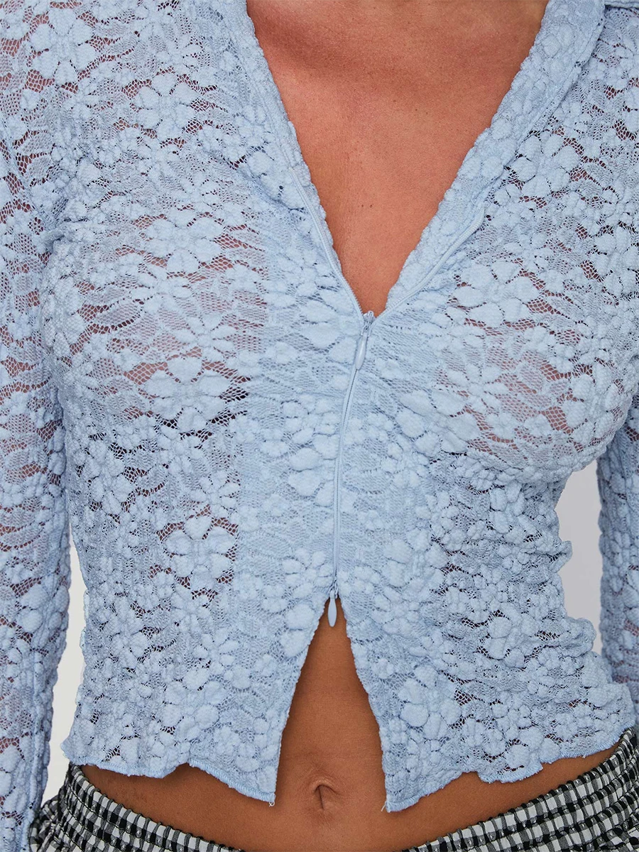 تي شيرت نسائي قصير للربيع والصيف بأكمام طويلة وطية صدر السترة وسحاب للتخسيس من الدانتيل الشفاف