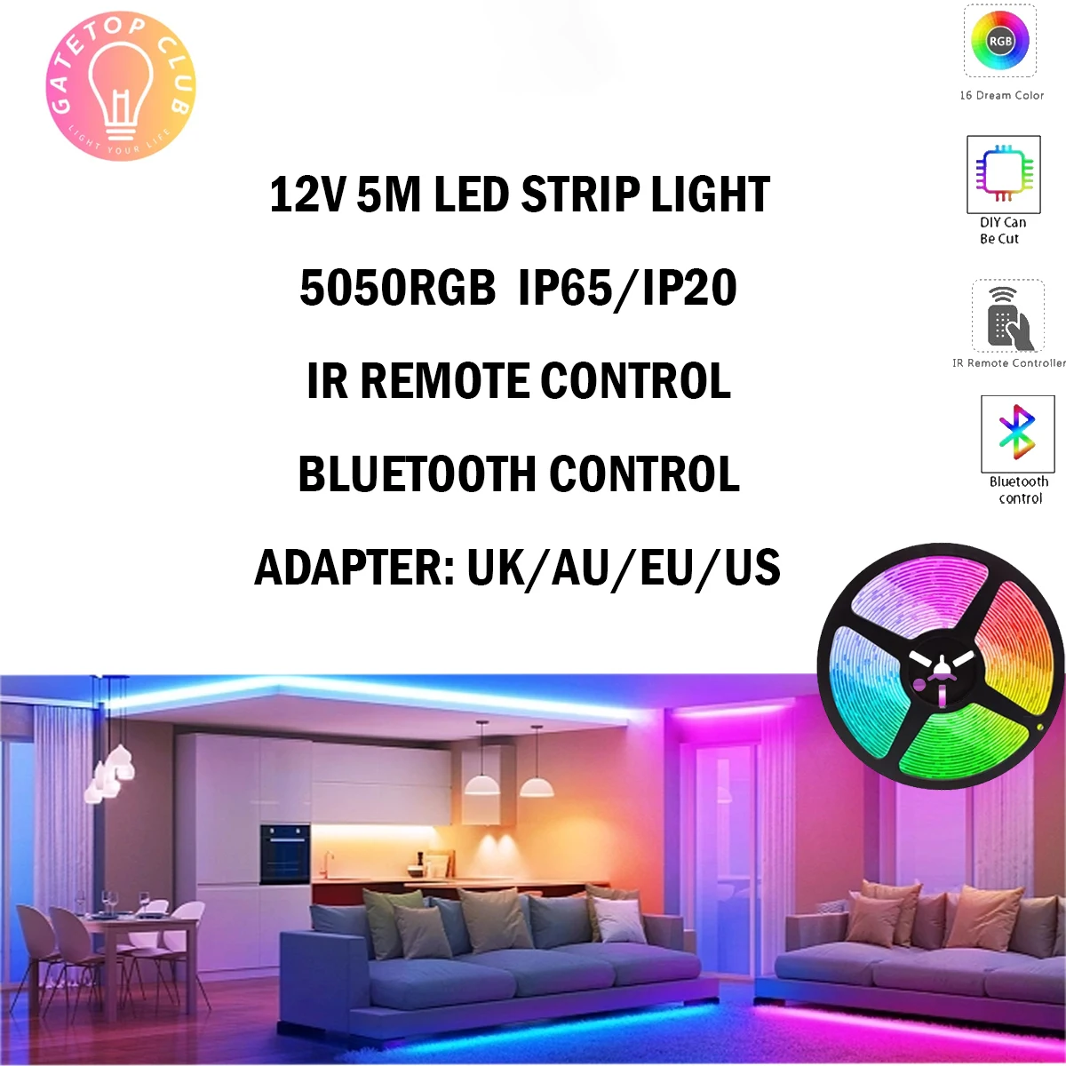 

1-5P Led lamp with Ip65/IP20 RGB infrared/Bluetooth remote control 5050 Flexible lamp with diode for TV background lighting Led