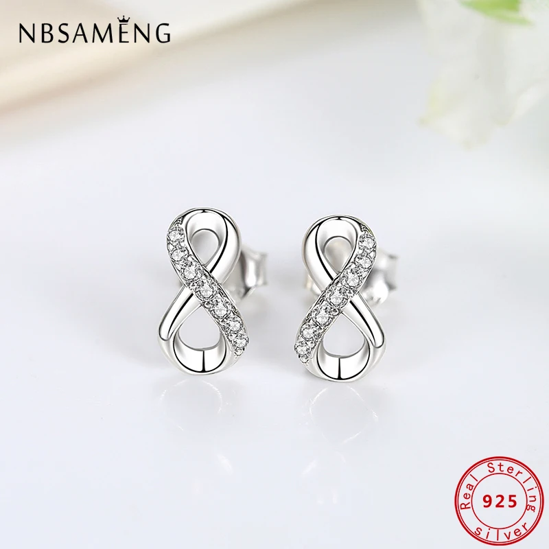 Original 100% 925 Sterling Silver Stud Earrings Infinity Love Earings Sparkling Crystal For Women Fine Jewelry