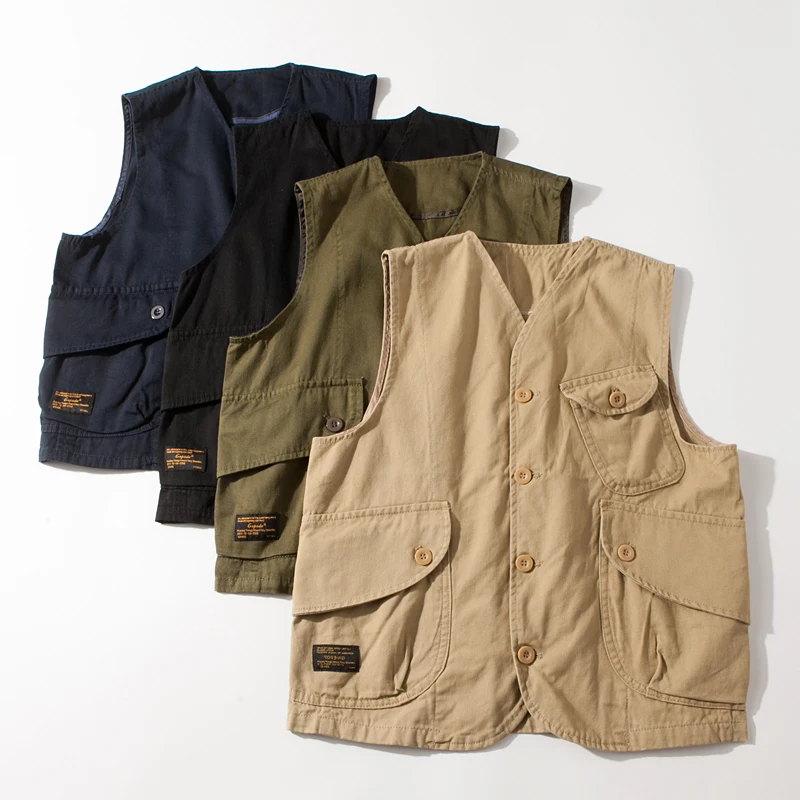 

2025 Spring New Japanese Retro Solid Color Cargo Vest Men's Simple 100% Cotton Washed Sleeveless V-neck Multi-pocket Casual Coat