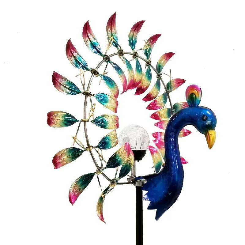

Outdoor garden, wrought iron multi-wheel leaves, peacock windmill, small windmill with solar light, luminous garden