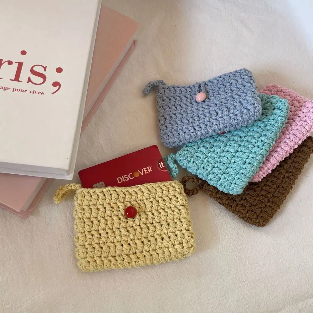 Trendy Solid Color Weaving Card Bag Handmade Knitting Crochet Coin Purse Square Small Mini Handbags for Women