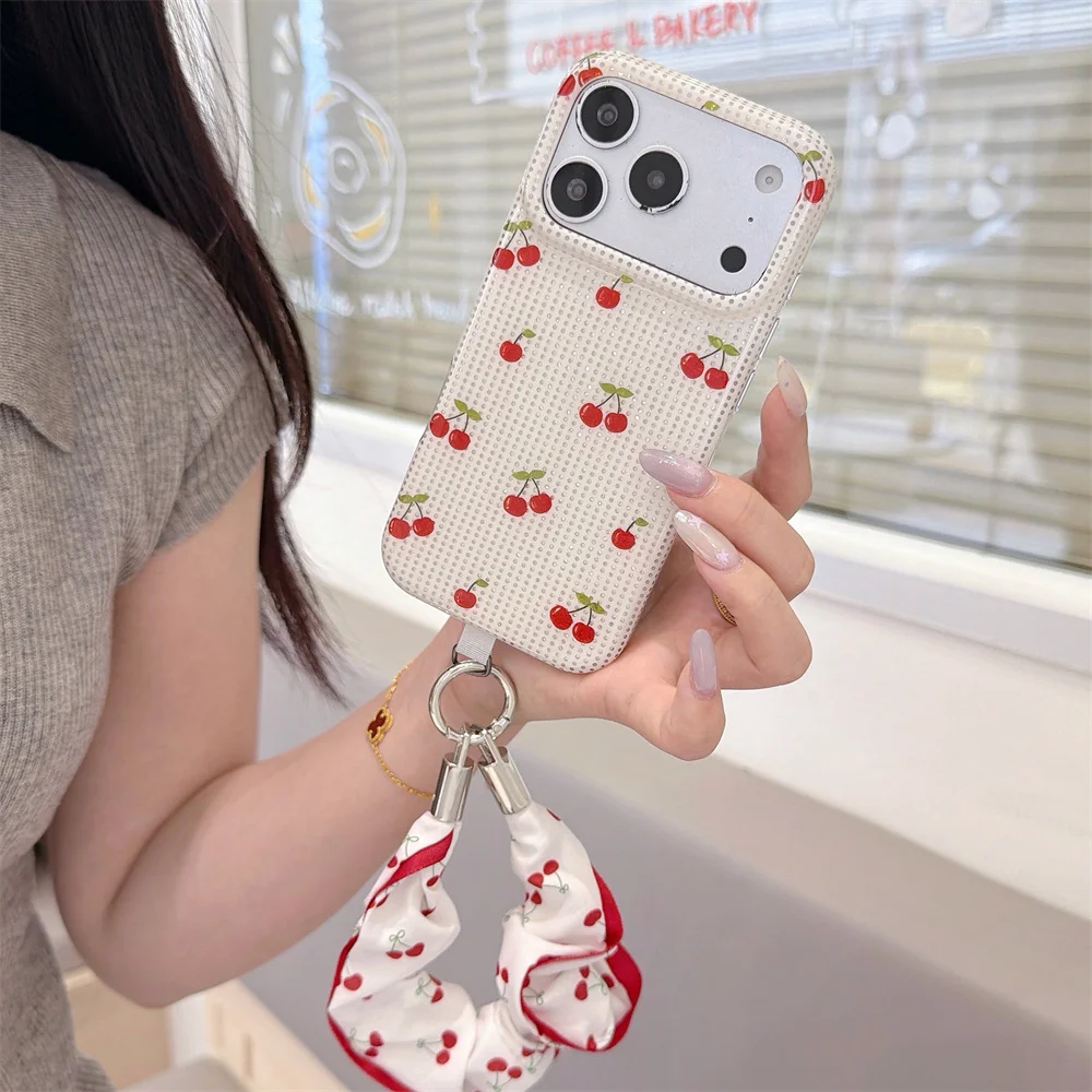Ins Cherry Fruit Phone Case For iPhone 15 16 17 Pro Max Glitter Gingham Check Pattern With Matching Hand Shockproof Phone Cover