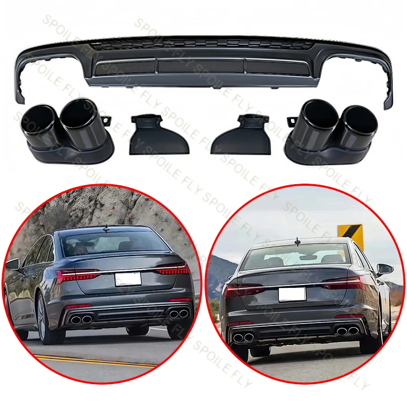 

For Audi A6 S6 C8 S-Line 2019 2020 2021 High Quality ABS With Exhaust Tips Car Rear Bumper Lip Spoiler Body Kit Glossy Black