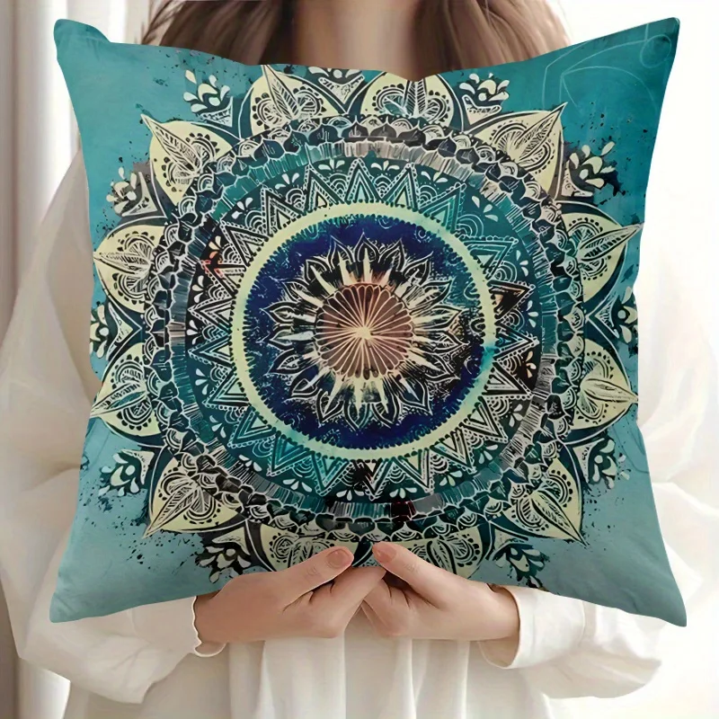 1PC Traditional Blue Mandala Print Pillow Cover, for Bed, Sofa & Home Decor (Pillow Insert Not Included)