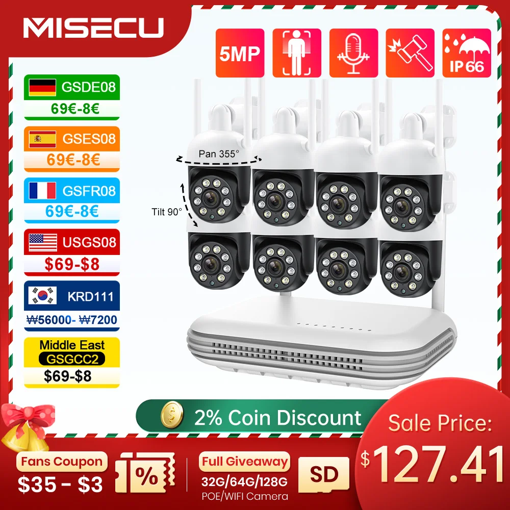 MISECU 8CH H.265 4MP WIFI Security NVR Kit ONVIF Email Alert Outdoor Motion Detect IP Camera Wireless Surveillance System XMeye