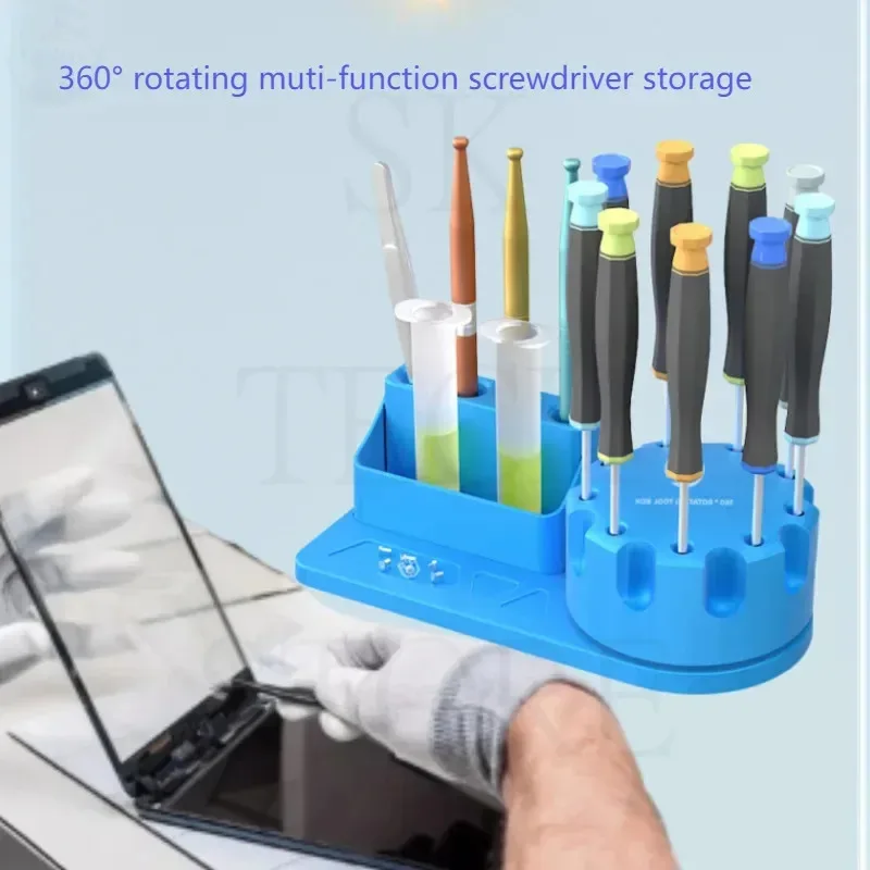 Multi-function Screwdriver Tweezers Storage Holder Rotating Box 360° Rotate With Card Slot And 9 Holes Non-Slip Base Storage Box