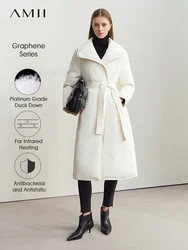 Amii Minimalist 2025 Winter Warm Coats Solid Lapel with Belt Graphene Lining Down Jacket Women Casual Long Coats 12424090