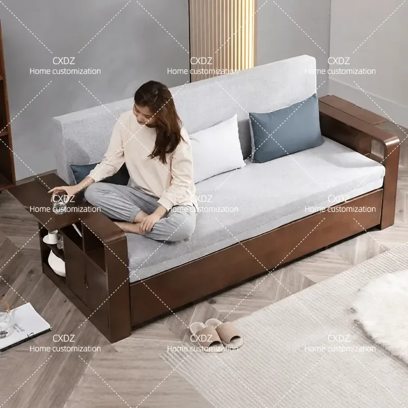 Solid Wood Sofa Bed Foldable Multifunctional Dual Purpose Double Living Room Small Apartment Storage Push Pull Couch