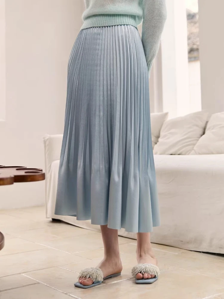 Women’s High Waisted Pleated Midi Skirt, Silky Shiny A-Line Skirt for Work and Daily Wear