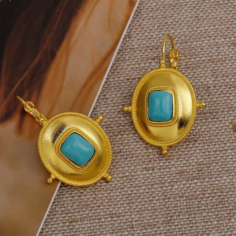 Vintage Court Gold Color Ornate Earrings for Women Creative Ethnic Style Imitation Turquoise Earrings Party Jewelry Gifts
