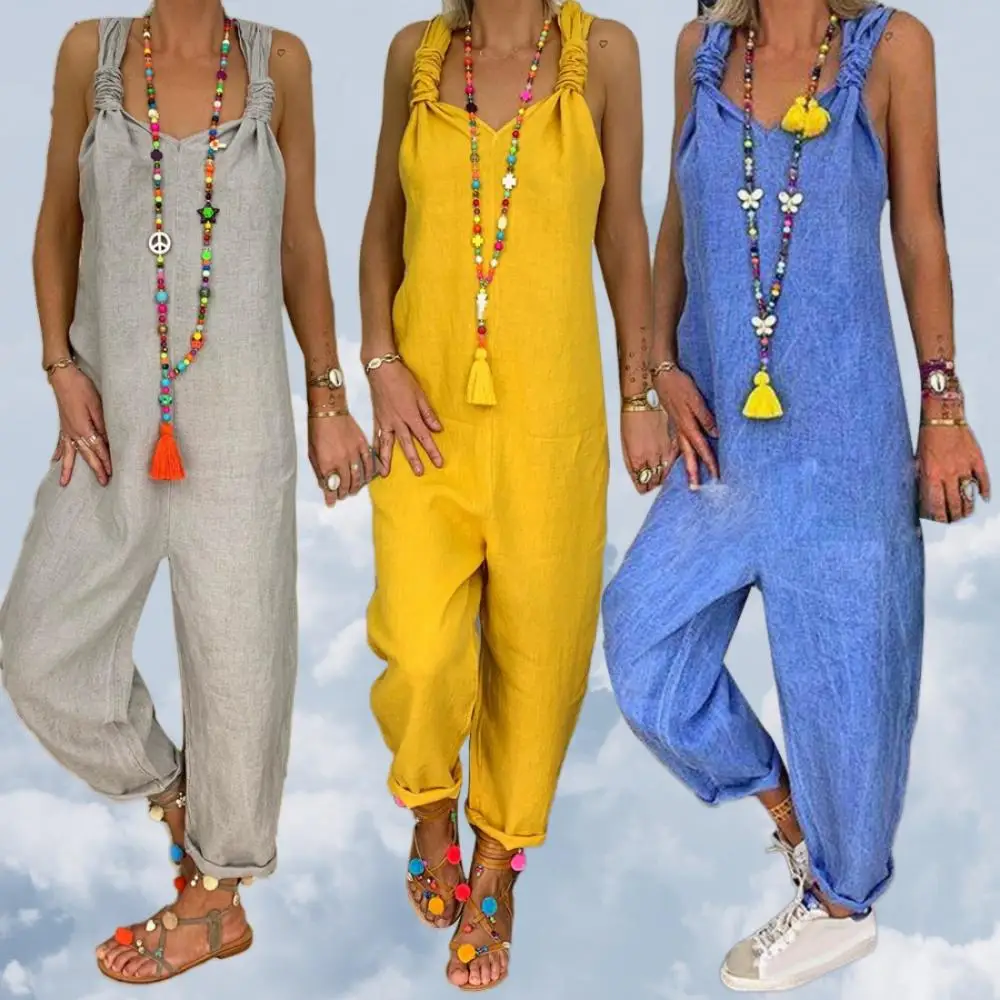 

2025 комбинезон в богемном стиле, женский однотонный комбинезон без рукавов с открытой спиной, завязанный комбинезон, комбинезоны, свободные длинные брюки