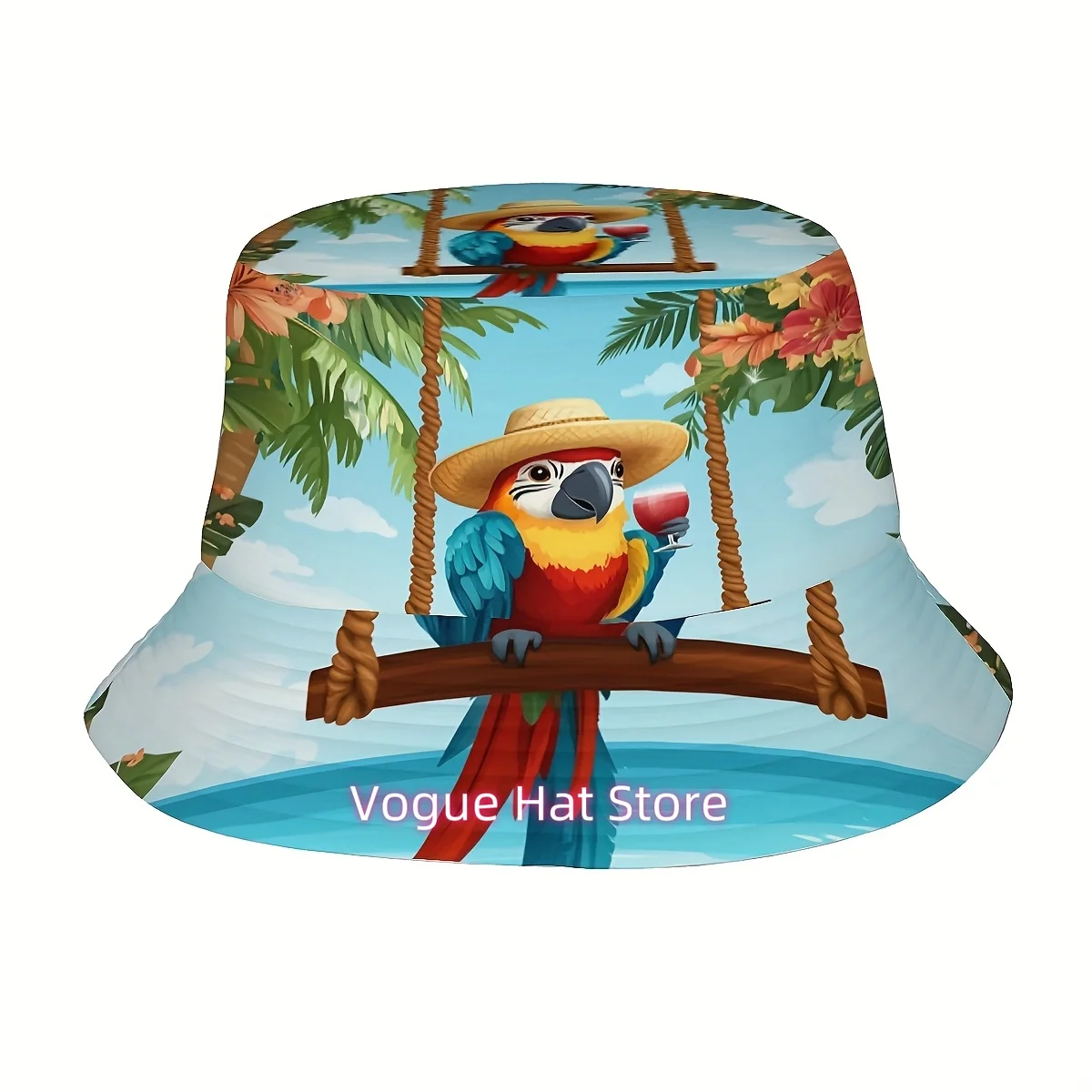 ()1pcs Happy Summer with Parrot and Hawaiian Flower Patterns (4) Printed Fisherman Hat Suitable for Both Men and Women, Stylish