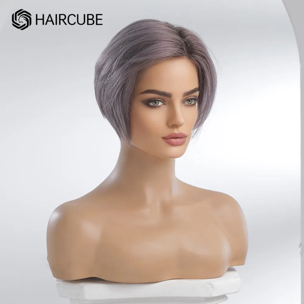 HAIRCUBE-Peluca de cabello humano de 13x5x1 para mujer, postizo de encaje frontal, corte Pixie corto, pelo Remy con Puple claro mezclado, parte lateral