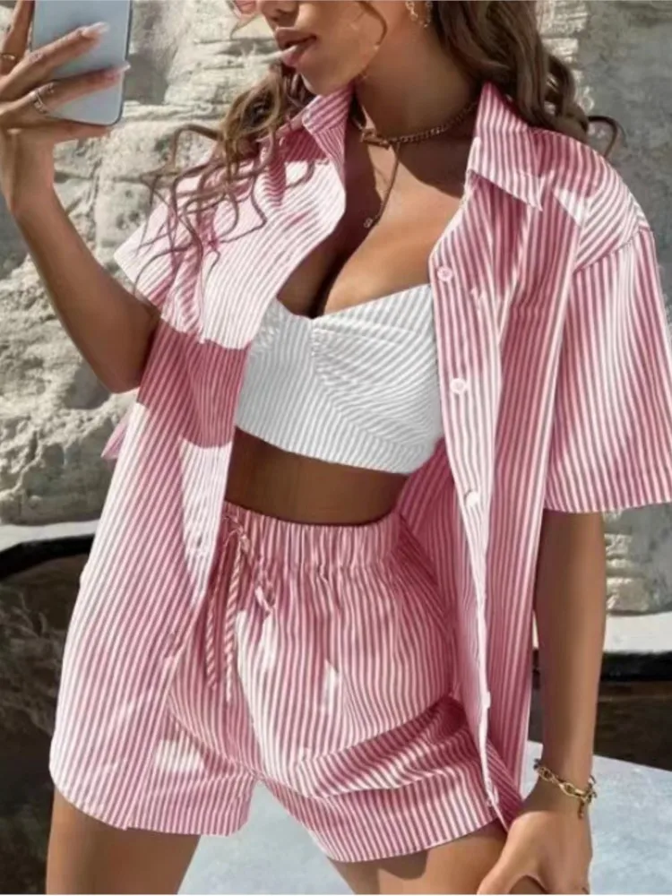 

Casual Elegant Women's Clothing Striped 2-Piece Set Short Sleeve Shirtsuit Short Skirt Set New Summer Woman 2 Piece Set Outfit