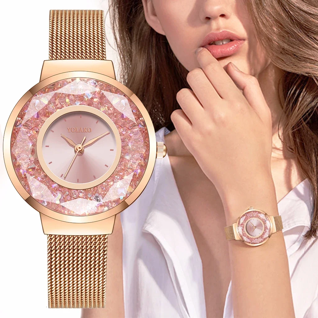 YOLAKO Donne di Lusso Vestito In Oro Rosa Orologi di Cristallo In Acciaio Inox Maglia Cintura Orologio Al Quarzo Orologi Da Donna Relogio Feminino