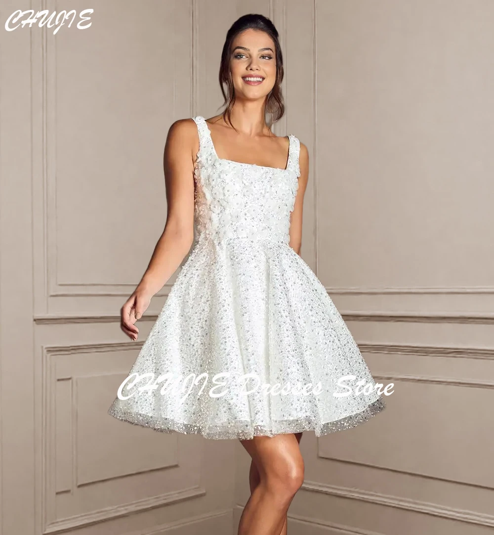 

Glitter Beading Square Neck Wedding Dress For Women Plus Size Mini Bridal Gowns Short свадебное платье Customized Cocktail Dress