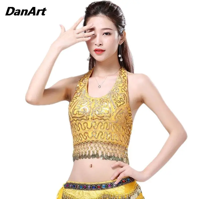 Women Sparkly Belly Dance Bra Top Sequin Stage Performance Costume Ladies Shiny Hang Coin Bra Top Stage Tassel Wrap Chest Top