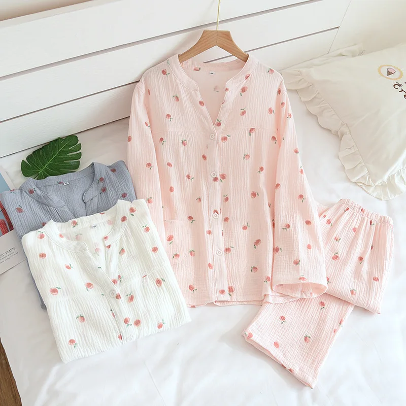 Japanese new style ladies spring and autumn V-neck pajamas 100% cotton long-sleeved home service thin suit two piece set summer