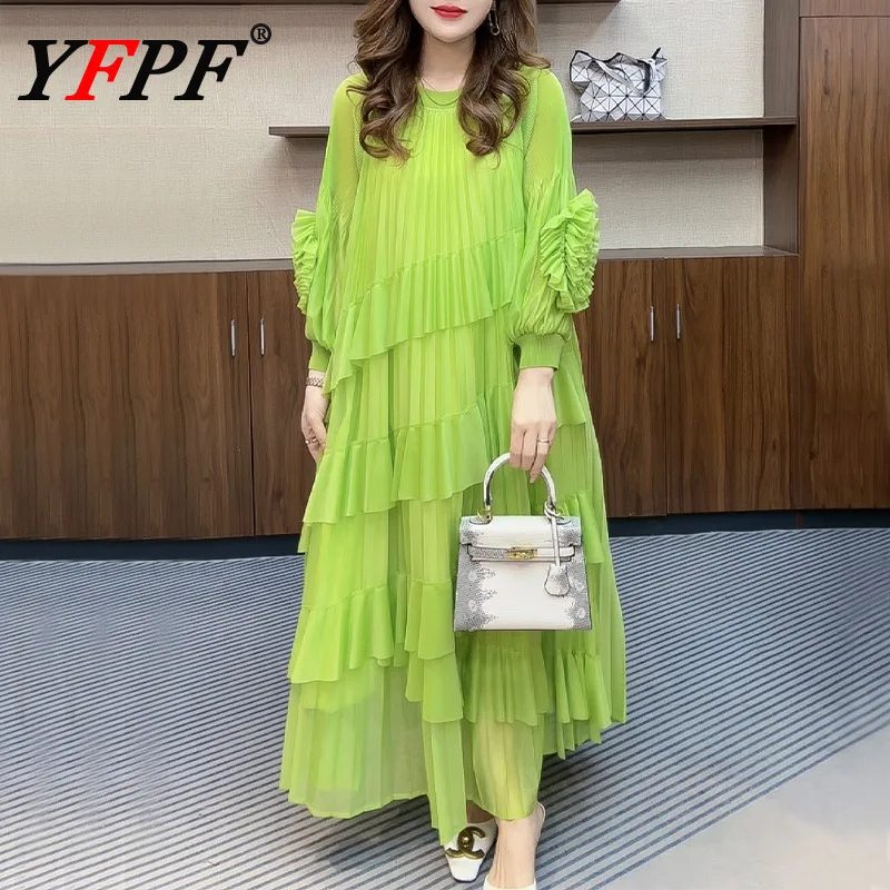 

YFPF элегантное плиссированное платье с оборками в стиле пэчворк для женщин, длинные платья трапециевидной формы с рукавами-фонариками и 3D цветочным принтом, новинка 2025, 3A332