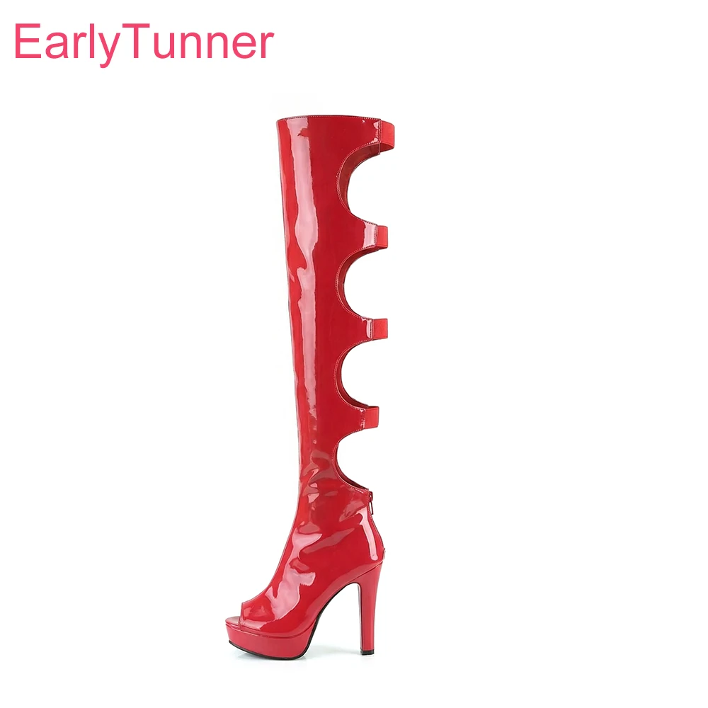 

2026 Red Glossy Thigh High Summer Boots for Women Platform Spike Heels Plus Size 43 45 Party Nightclub Shoes