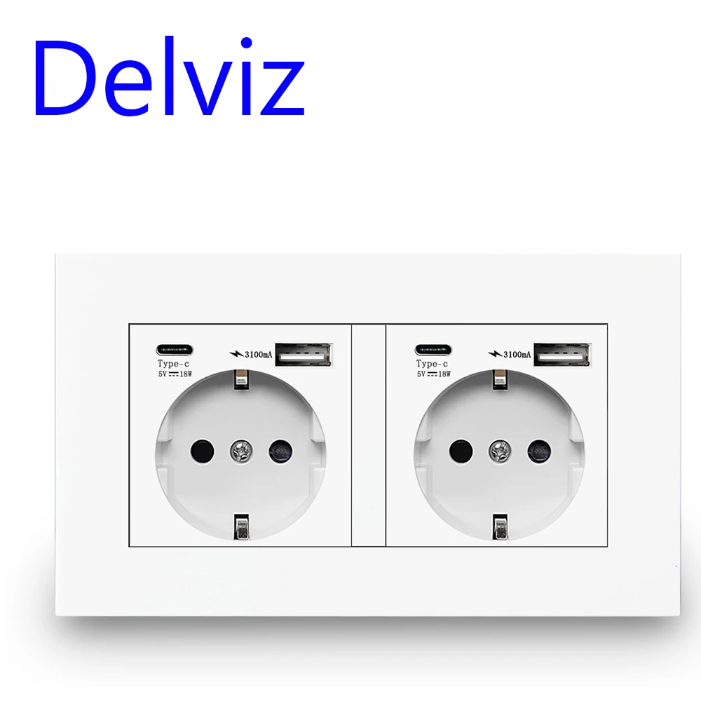 Delviz Type C USB Socket, AC 110V-250V 16A dual Socket, 5V 3100mA With usb Ports,146MM*86MM Panel, EU Standard Wall Power Outlet