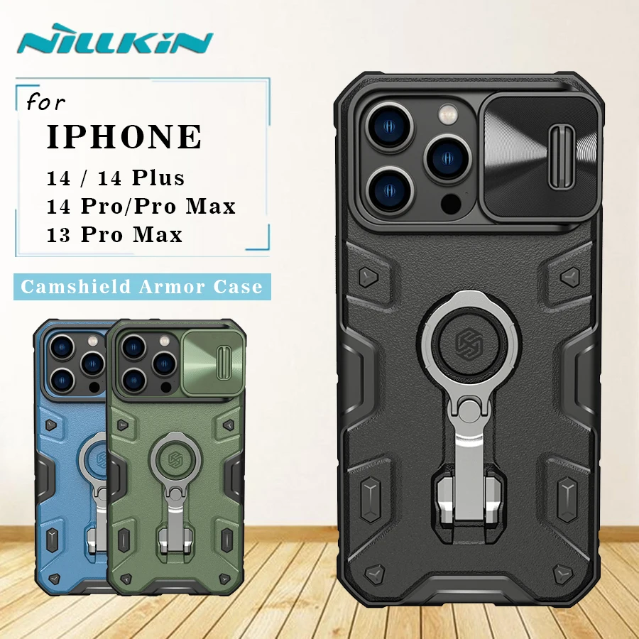 

Чехол для iPhone 14 Plus 13 Pro Max, чехол Nillkin Camshield ArmorPro с кольцевым держателем-подставкой, защитная пленка для камеры, противоударная задняя крышка