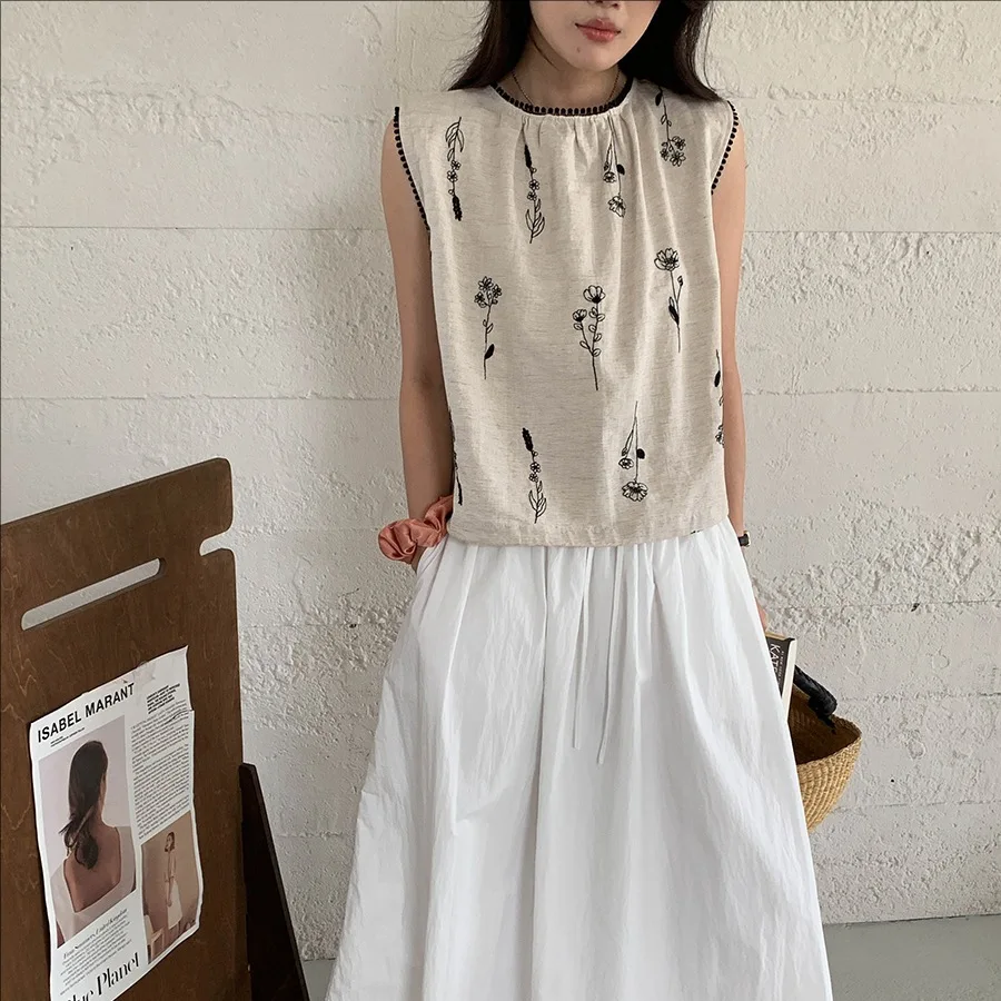 

Summer casual flower embroidered o-neck linen sleeveless shirt women wear both sides