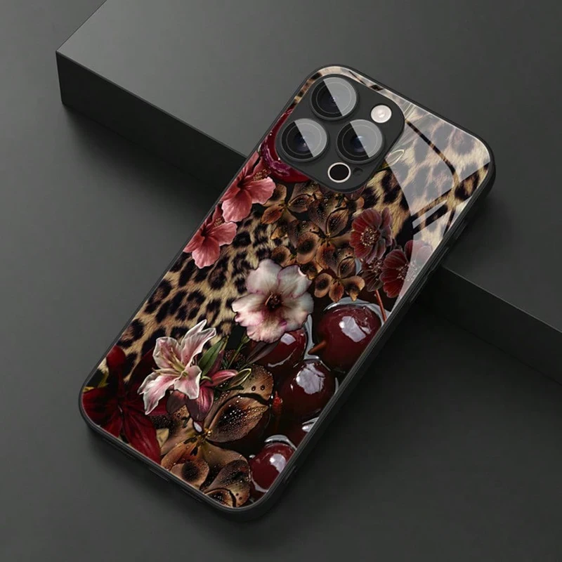ليوبارد الكرز نمط الزجاج المقسى قضية الهاتف آيفون 17 16 15 14 13 12 11 برو ماكس 17Air 16E 7 8 15 زائد XR XS X غطاء