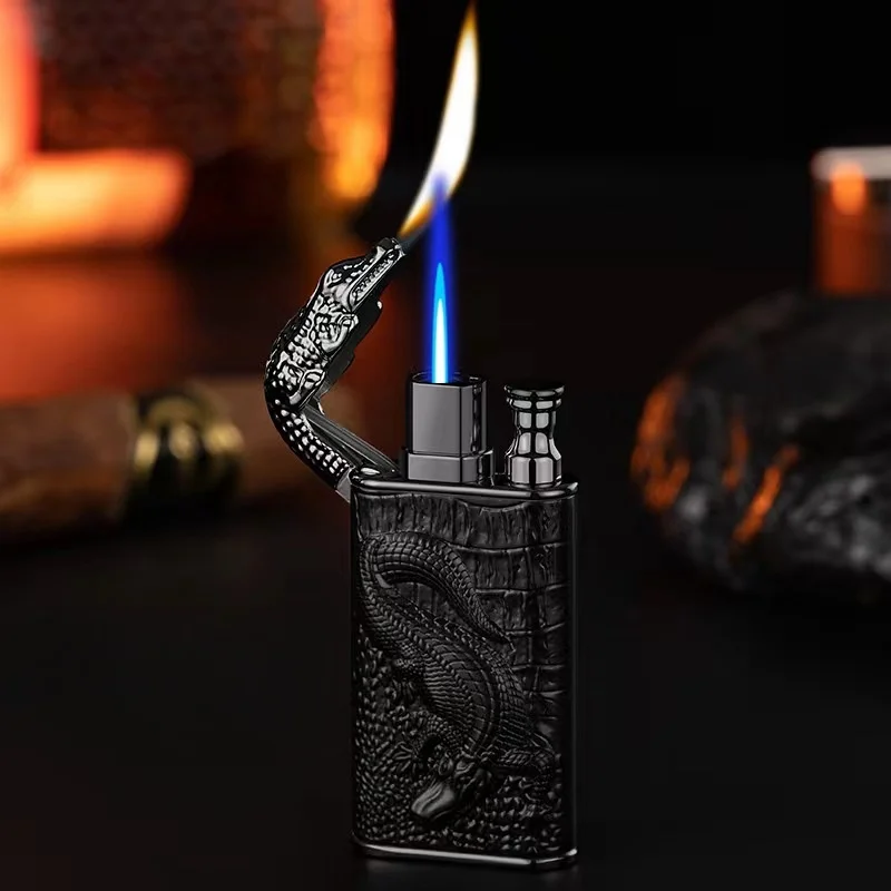 2023 3D Relief Dragon Crocodile Double Fire Lighter Metal Windproof Jet Fire Open Fire Conversion Gas Lighter Smoking Men\'s Gift