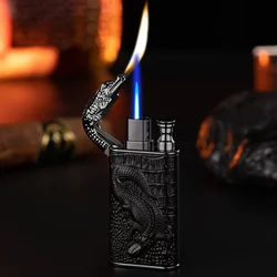 2023 3D Relief Dragon Crocodile Double Fire Lighter Metal Windproof Jet Fire Open Fire Conversion Gas Lighter Smoking Men's Gift