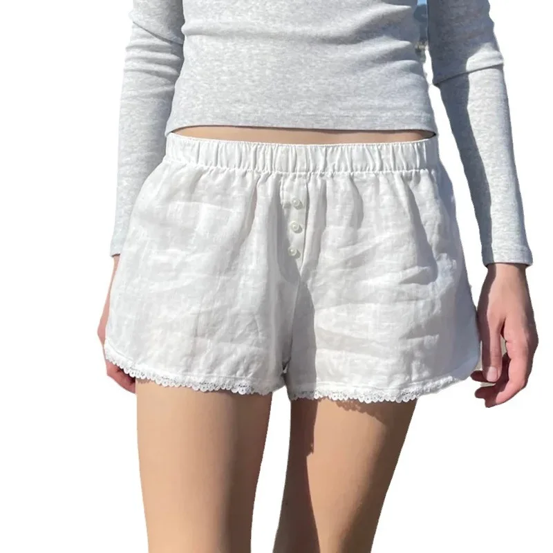 Zeyla-pantalones informales holgados para mujer, pantalones cortos finos de cintura alta con cintura elástica y adornos florales, ropa de calle deportiva, verano 2025